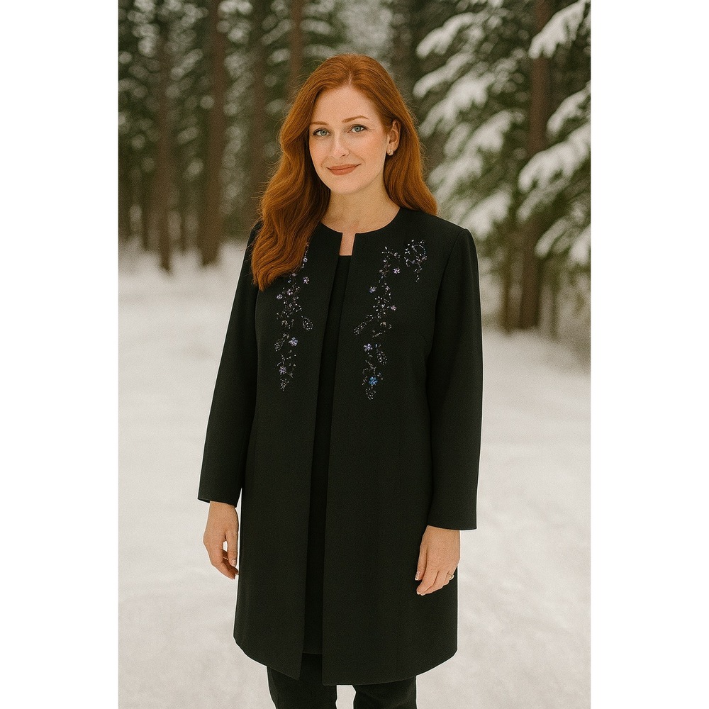 Studio I Coat Womens 14W Black Long Line Open Front Floral Embroidered Plus